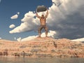 The Cyclops Polyphemus throws a boulder at the fleeing Odysseus Royalty Free Stock Photo