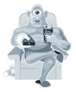 Cyclops is sitting in a chair watching television and holding the remote control and beer.