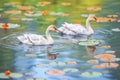 cygnets swimming near lily pads