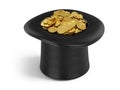 Cylinder black magic hat magic hat full of golden coins isolated on white background. Royalty Free Stock Photo