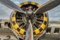 9 cylinder combustion engine or nine chamber, air cooled radial motor with propeller closeup on heavy military bomber airplane Royalty Free Stock Photo