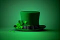 Cylinder hat and Four-leaf green clover for good luck on St. Patrick's Day, green background. Copy space. Generative Ai Royalty Free Stock Photo