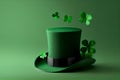 Cylinder hat and Four-leaf green clover for good luck on St. Patrick's Day, green background. Copy space. Generative Ai Royalty Free Stock Photo