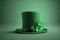 Cylinder hat and Four-leaf green clover for good luck on St. Patrick's Day, green background. Copy space. Generative Ai Royalty Free Stock Photo