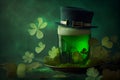 Cylinder hat and Four-leaf green clover for good luck on St. Patrick's Day, green background. Copy space. Generative Ai Royalty Free Stock Photo