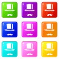 Cylinder and moustaches icons 9 set Royalty Free Stock Photo