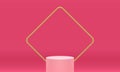 Cylinder podium pink 3d stage with golden squared frame arena studio background realistic vector