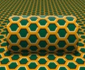 Cylinder is rolling along the inclined surface. Abstract objects with hexagons pattern. Vector optical illusion illustration