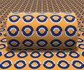 Cylinder is rolling along the inclined surface. Abstract objects with rings pattern. Vector optical illusion illustration