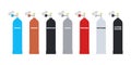 Cylinders with different types of liquid gas. Container balloon gas. Oxygen, helium, nitrogen, argon, propane, acetylene