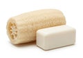 A cylindrical beige loofah sponge is positioned next to a rectangular white bar of Royalty Free Stock Photo