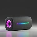 A cylindrical Bluetooth speaker with a gray mesh surface. It features vibrant