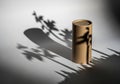 A cylindrical, brown, cardboard box stands on a smooth surface. It casts a distinct shadow featuring Royalty Free Stock Photo