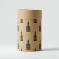 A cylindrical cardboard container features a natural beige color with a repeating Royalty Free Stock Photo