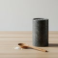 A cylindrical, dark gray stone or ceramic container with a textured surface rests on a Royalty Free Stock Photo