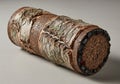 A cylindrical object resembling a tree trunk lies on a neutral Royalty Free Stock Photo
