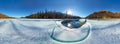 Cylindrical panorama of a man on ice melting river Royalty Free Stock Photo