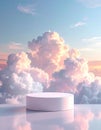 Cylindrical Podium Display against Fluffy White Clouds and Pastel Sky at Sunset Royalty Free Stock Photo