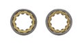 Cylindrical roller bearings close up. Front and rear view, on white background with clipping path.