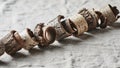 Sections of tree bark arranged in a line on a textured fabric Royalty Free Stock Photo