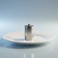 A cylindrical silver battery is placed upright at the center of a plain white plate. The Royalty Free Stock Photo