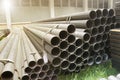 Cylindrical steel pipe, Cylindrical metal pipes in construction site. Royalty Free Stock Photo