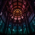 A cylindrical structure featuring a striking glass and metal roof design.