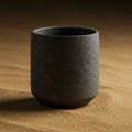 A cylindrical, textured, and dark ceramic cup stands on a sandy surface. The cup\'s Royalty Free Stock Photo