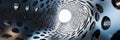 Cylindrical tunnel with perforated metallic surface creating a mesmerizing visual effect and depth perception Royalty Free Stock Photo