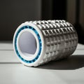 Cylindrical white foam roller with a grid texture, designed for muscle therapy. The Royalty Free Stock Photo