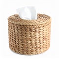 Cylindrical Wicker Tissue Box Holder with White Tissues on a White Background Royalty Free Stock Photo