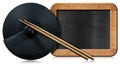 Cymbal of an Electronic Drum Kit with Drumsticks and Empty Blackboard