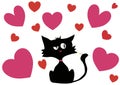 Cynical black cat hates valentines day and love holidays, trying to pierce all pink and red hearts around