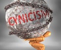 Cynicism and hardship in life - pictured by word Cynicism as a heavy weight on shoulders to symbolize Cynicism as a burden, 3d
