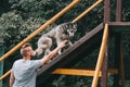 cynologist with siberian husky dog on stairs obstacle Royalty Free Stock Photo