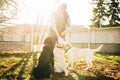 Cynologist works with cop dogs, training outside Royalty Free Stock Photo