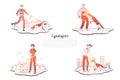 Cynologists - special people walking and training dogs vector concept set
