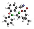 Cypermethrin insecticide molecule. 3D rendering. Atoms are represented as spheres with conventional color coding: hydrogen white.