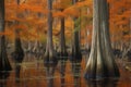 Cypress autumn trees swamp. Generate Ai Royalty Free Stock Photo