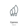 Cypress outline vector icon. Thin line black cypress icon, flat vector simple element illustration from editable nature concept Royalty Free Stock Photo