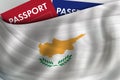 Cypriot flag background and passport of Republic of Cyprus. Citizenship, official legal immigration, visa, business and travel