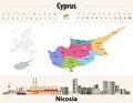 Cyprus administrative divisions map with main cities. Flag of Cyprus. Nicosia cityscape. Vector illustration Royalty Free Stock Photo