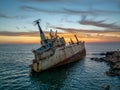 Cyprus - Abandoned shipwreck EDRO III in Pegeia, Paphos, Cyprus at amazing sunset time