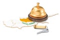 Cyprus booking concept. Flag with hotel key and reception bell, Royalty Free Stock Photo