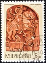 CYPRUS - CIRCA 1971: A stamp printed in Cyprus shows a wood carving of Saint George and Dragon 19th century bass-relief