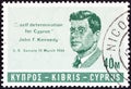 CYPRUS - CIRCA 1965: A stamp printed in Cyprus issued in Memorial of J.F.Kennedy shows J.F.Kennedy, circa 1965.