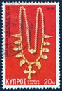 CYPRUS - CIRCA 1976: A stamp printed in Cyprus shows a gold necklace from 6th century AD found in Cyprus, circa 1976.