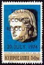 CYPRUS - CIRCA 1974: A stamp printed in Cyprus shows Hellenistic Stone Head 3rd century B.C., circa 1974.