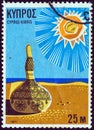 CYPRUS - CIRCA 1971: A stamp printed in Cyprus from the `Tourism` issue shows a Gourd on sunny beach, circa 1971.