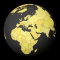 Cyprus on dark globe with yellow world map.